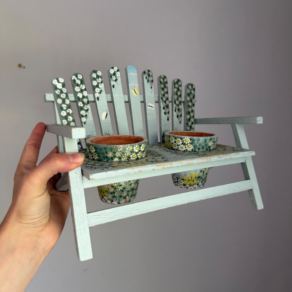 Hand Painted Miniature Wooden Garden Bench Planter with Dual Terracotta Pots